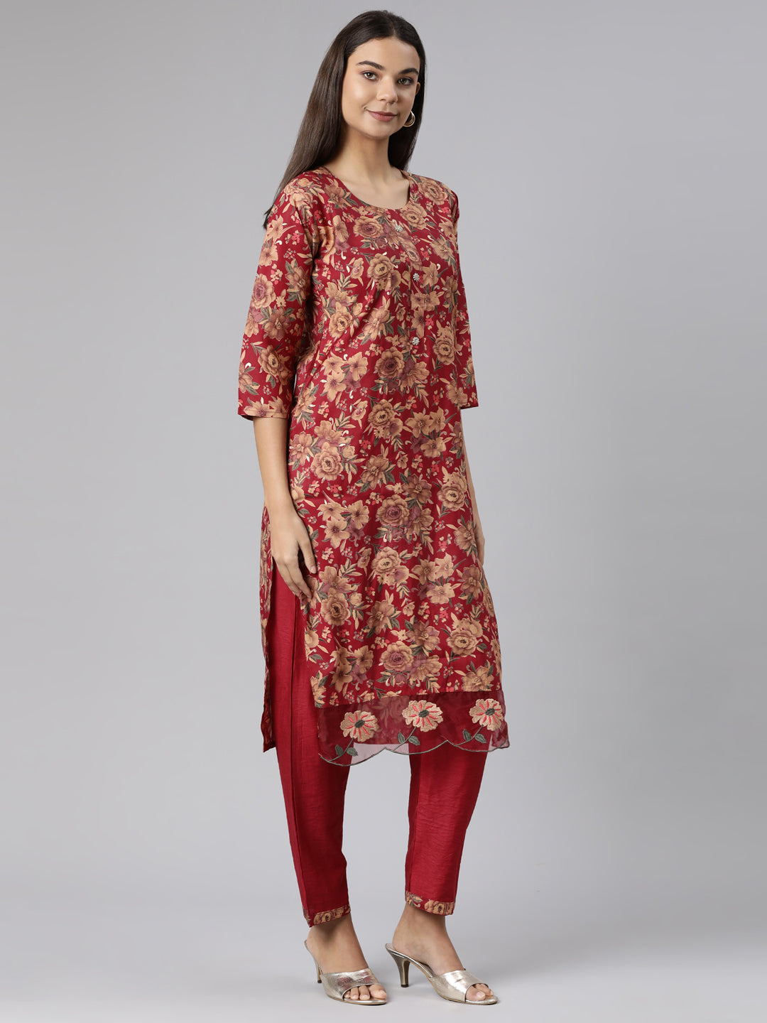 Neeru's Maroon Regular Straight Floral Readymade suits