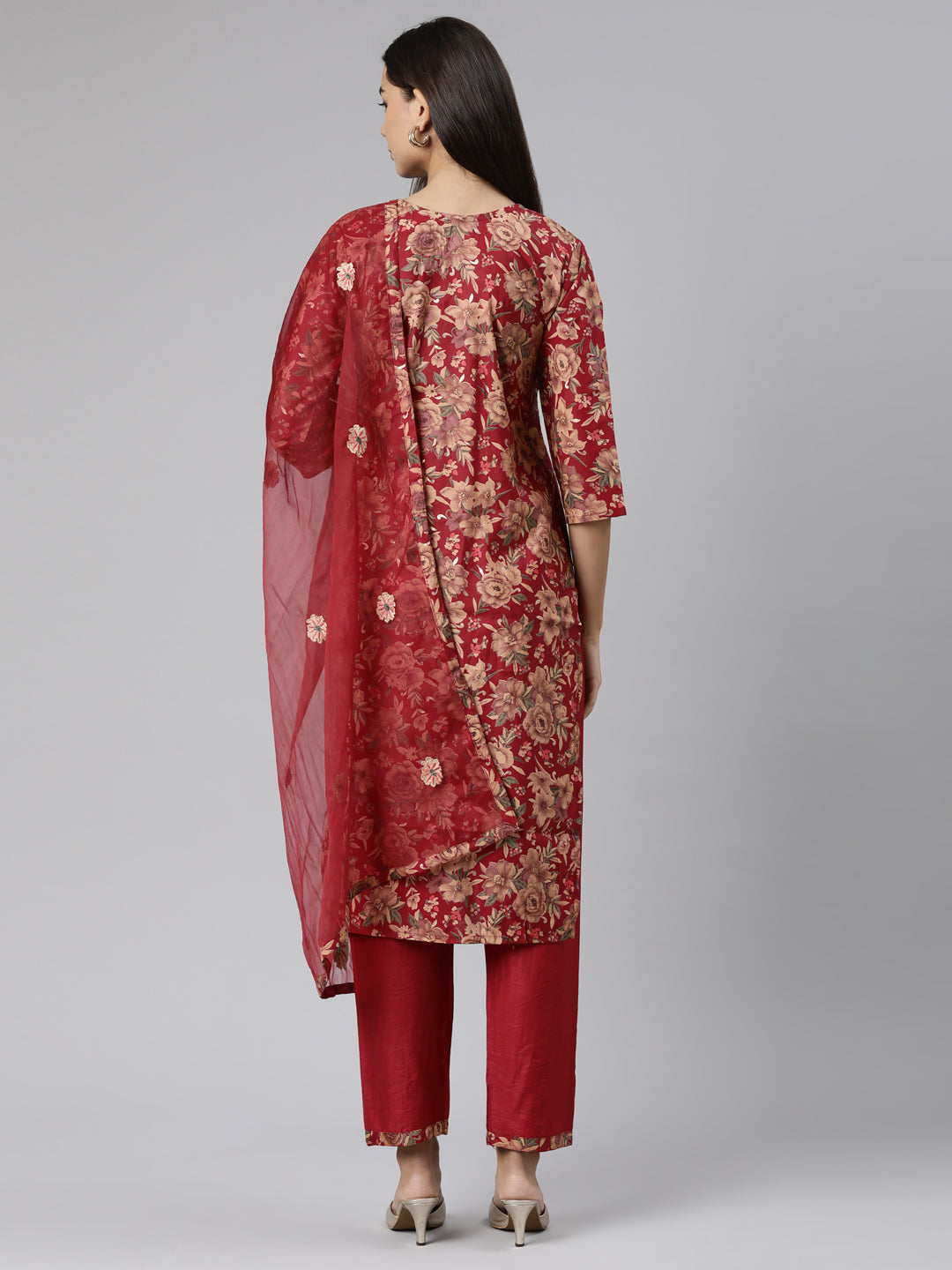 Neeru's Maroon Regular Straight Floral Readymade suits