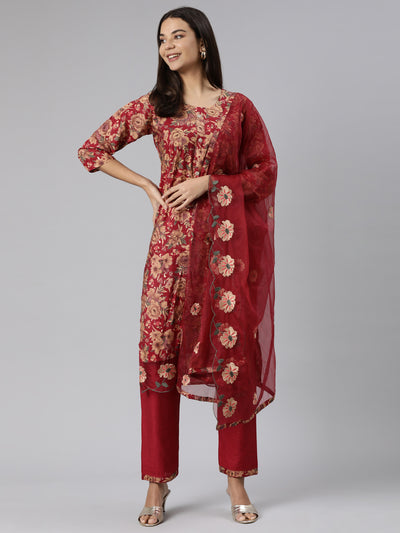 Neeru's Maroon Regular Straight Floral Readymade suits