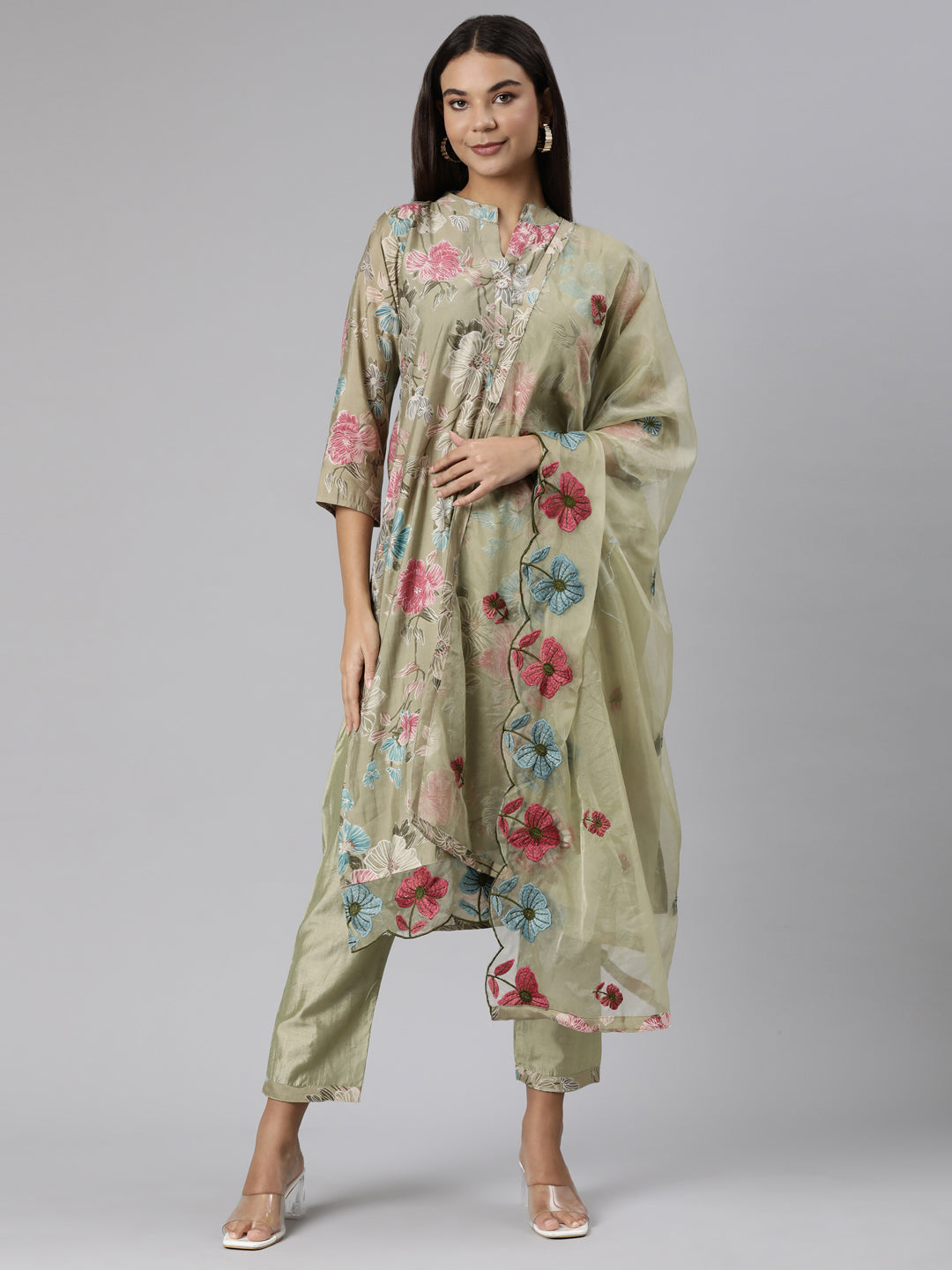 Neeru's Green Regular Straight Floral Kurta And Trousers With Dupatta