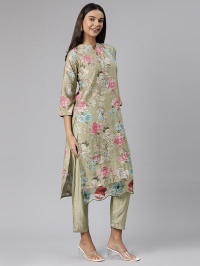 Neeru's Green Regular Straight Floral Kurta And Trousers With Dupatta