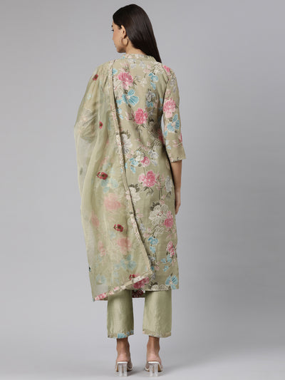 Neeru's Green Regular Straight Floral Kurta And Trousers With Dupatta