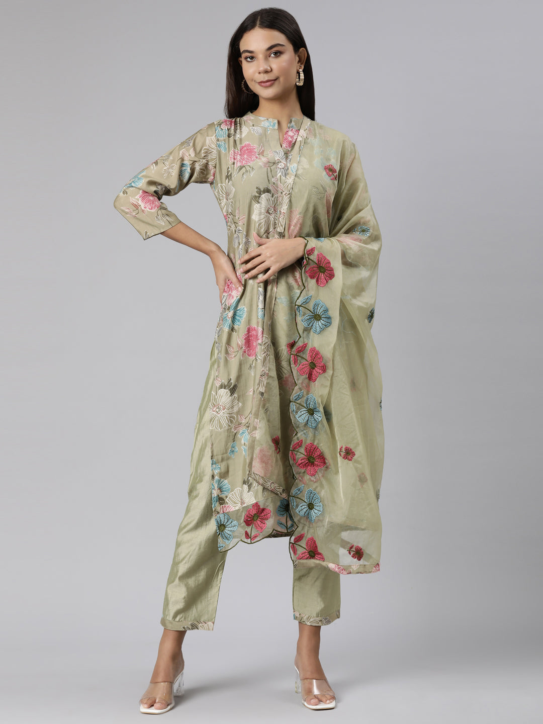 Neeru's Green Regular Straight Floral Kurta And Trousers With Dupatta