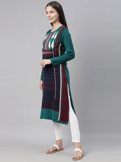 Neerus Women Green  Navy Blue Geometric Acrylic Knitted Kurta