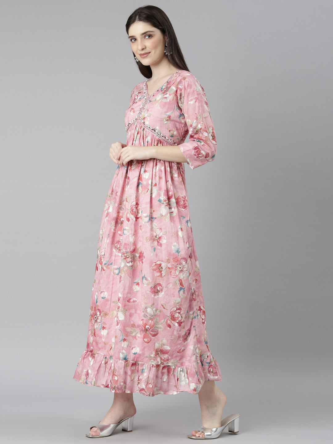 Neeru's Pink Straight Casual Floral Dresses