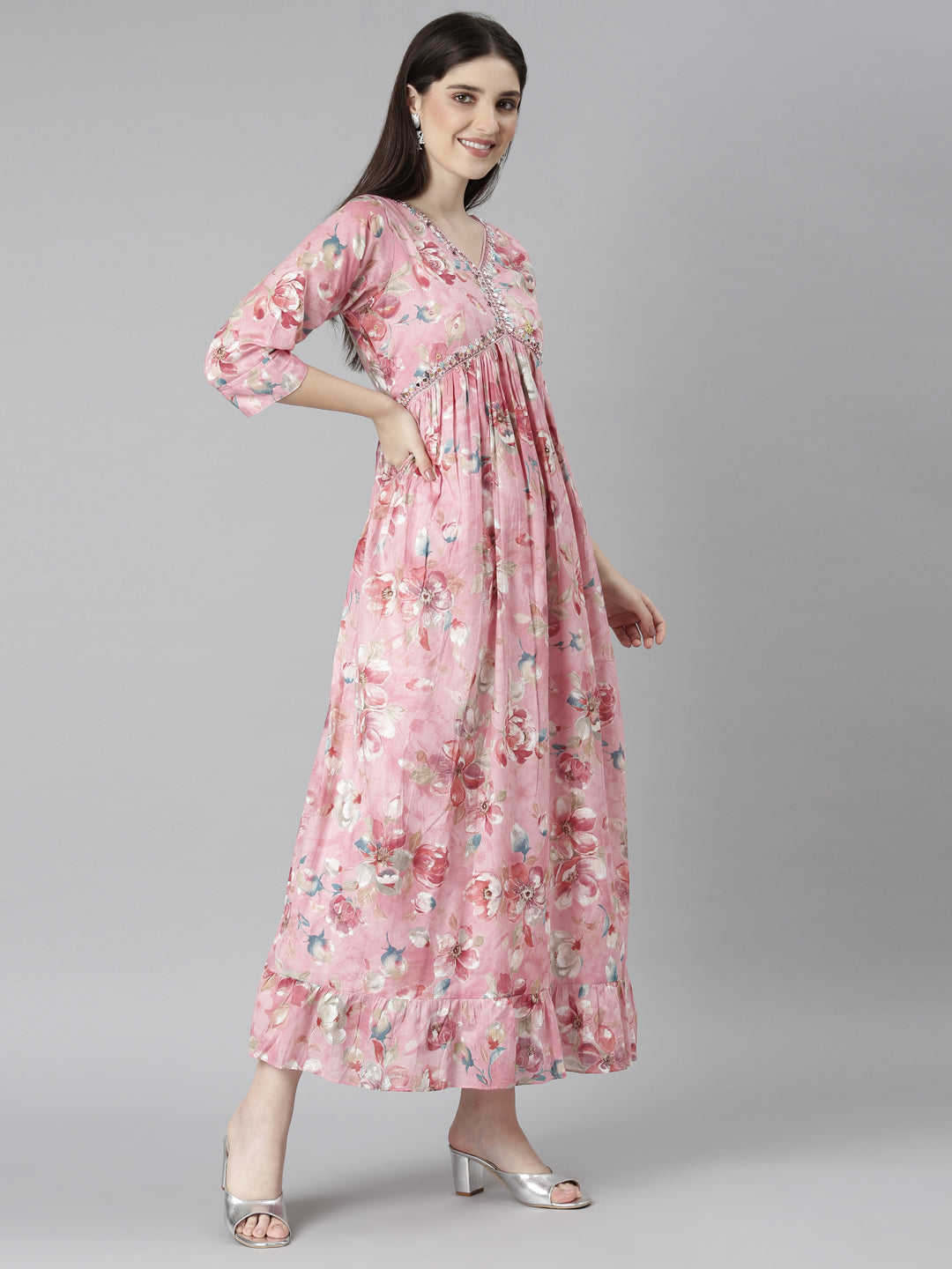 Neeru's Pink Straight Casual Floral Dresses