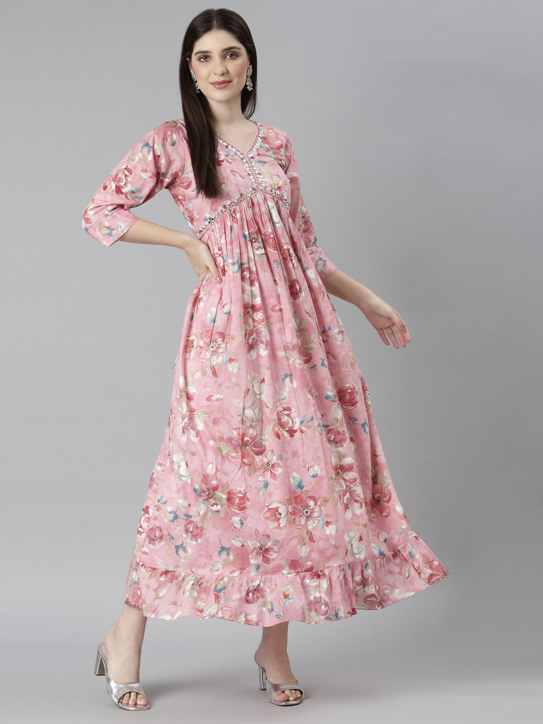 Neeru's Pink Straight Casual Floral Dresses