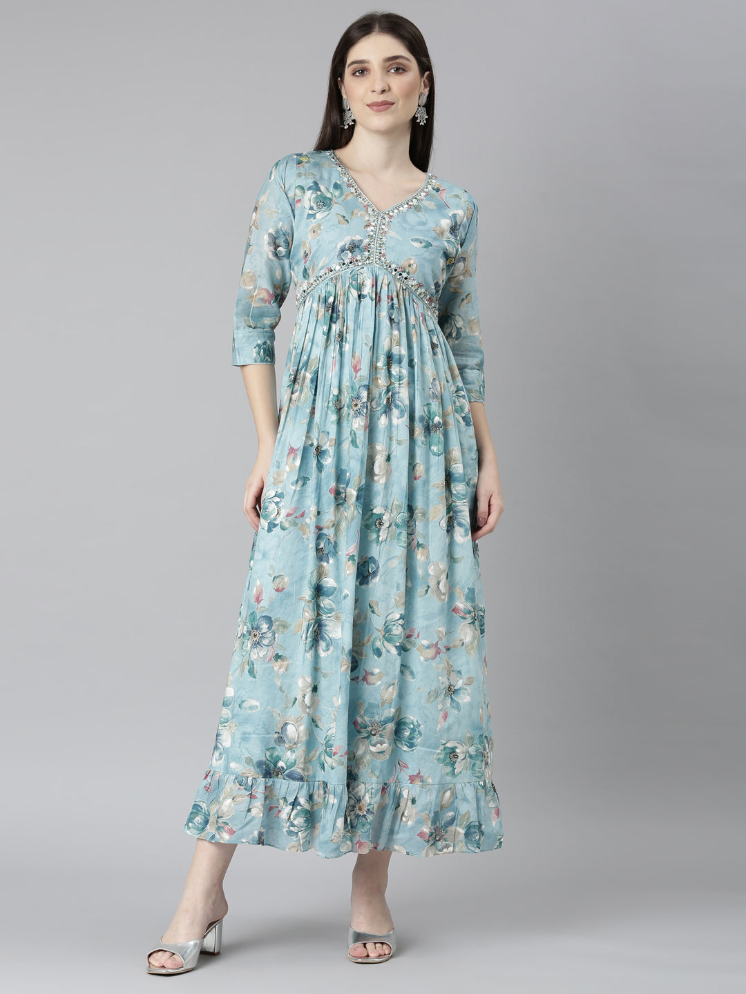 Neeru's Blue Straight Casual Floral Dresses