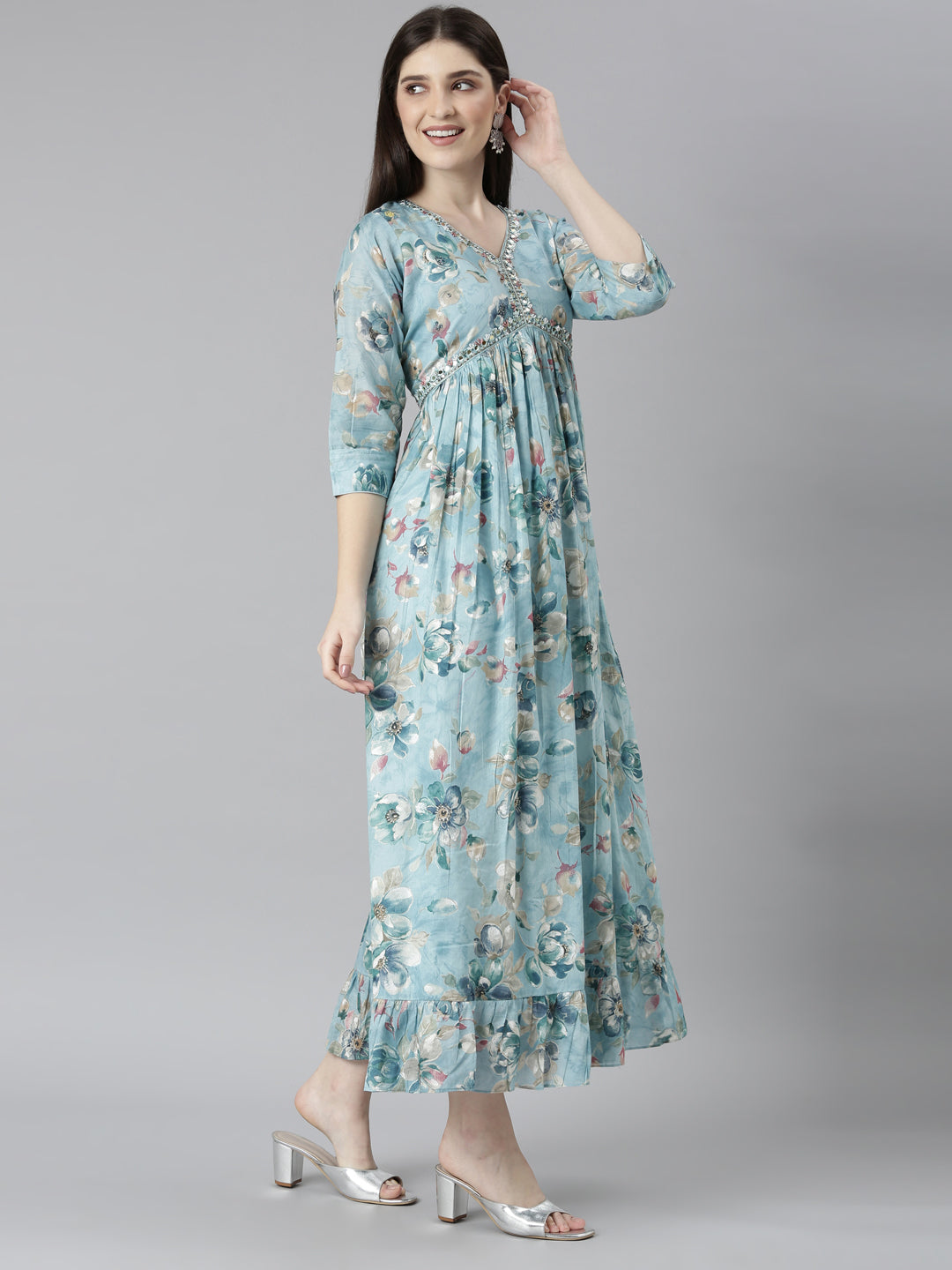 Neeru's Blue Straight Casual Floral Dresses