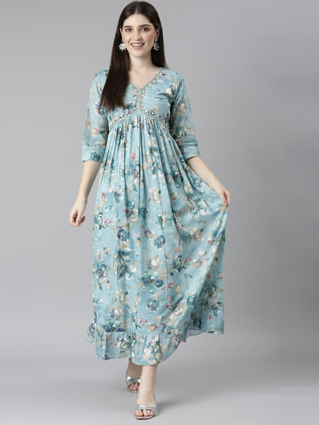 Neeru's Blue Straight Casual Floral Dresses