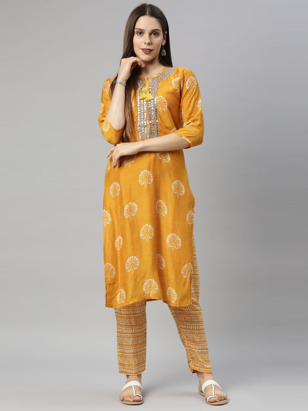 Neerus Women Mustard Yellow Ethnic Motifs Printed Regular Mirror Work Kurta with Trousers  With Dupatta