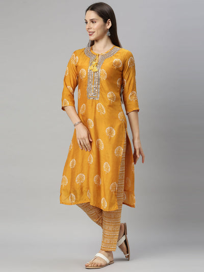 Neerus Women Mustard Yellow Ethnic Motifs Printed Regular Mirror Work Kurta with Trousers  With Dupatta