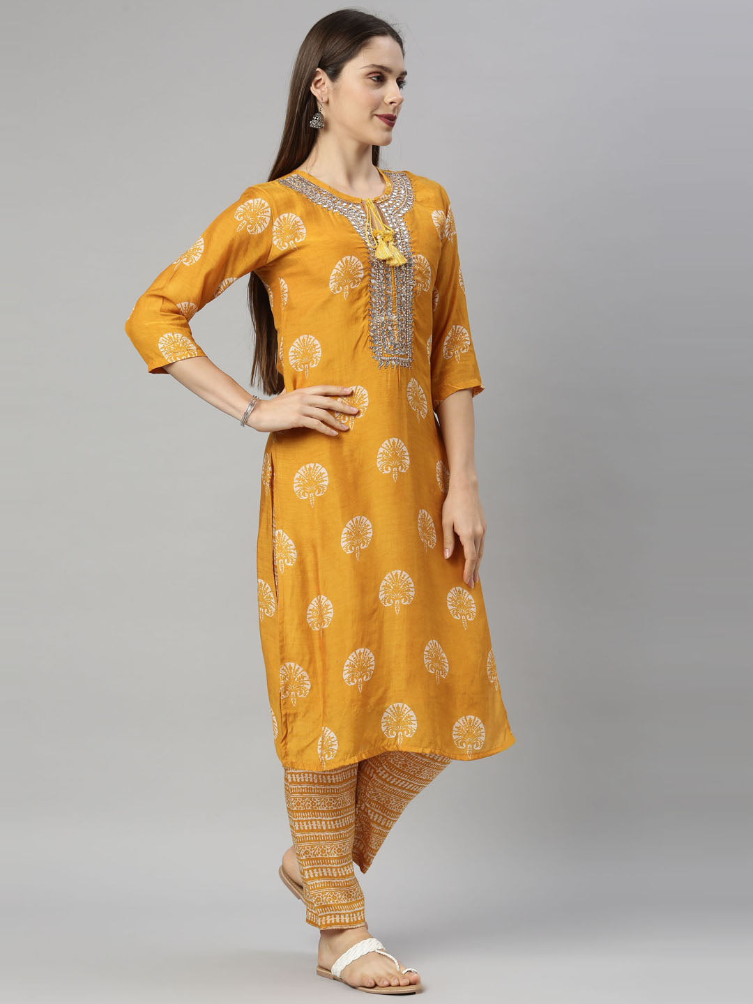 Neerus Women Mustard Yellow Ethnic Motifs Printed Regular Mirror Work Kurta with Trousers  With Dupatta