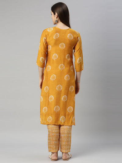 Neerus Women Mustard Yellow Ethnic Motifs Printed Regular Mirror Work Kurta with Trousers  With Dupatta