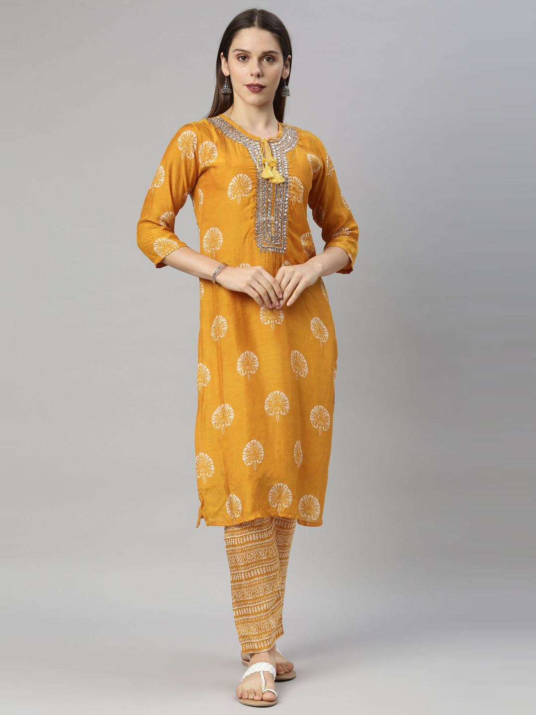 Neerus Women Mustard Yellow Ethnic Motifs Printed Regular Mirror Work Kurta with Trousers  With Dupatta