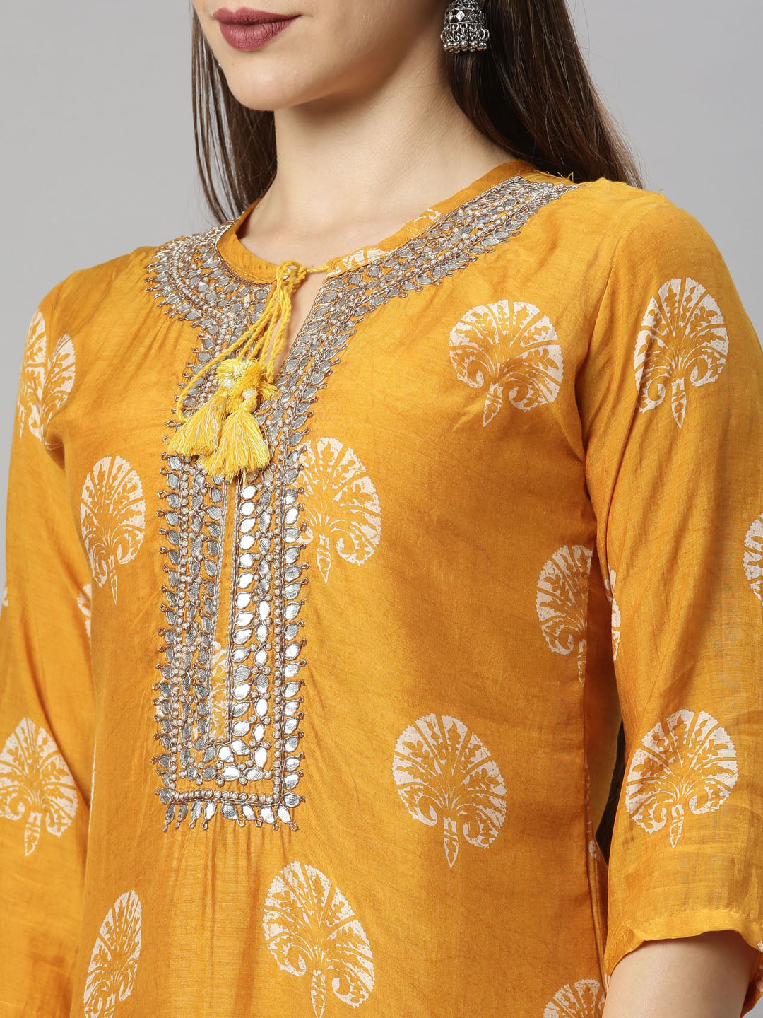 Neerus Women Mustard Yellow Ethnic Motifs Printed Regular Mirror Work Kurta with Trousers  With Dupatta