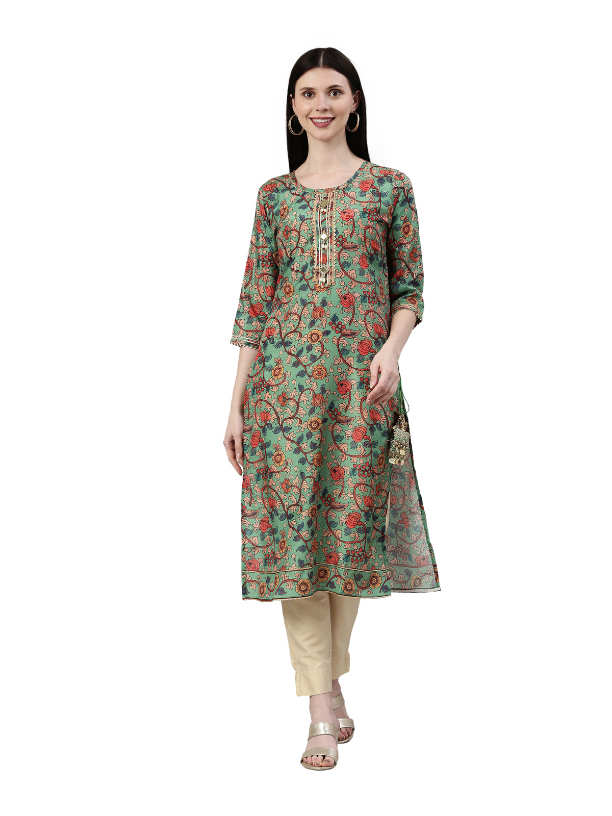 Neerus Women Green & Orange Floral Printed Kurta