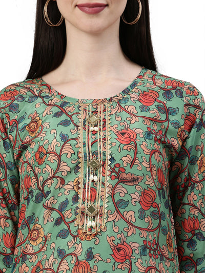 Neerus Women Green & Orange Floral Printed Kurta