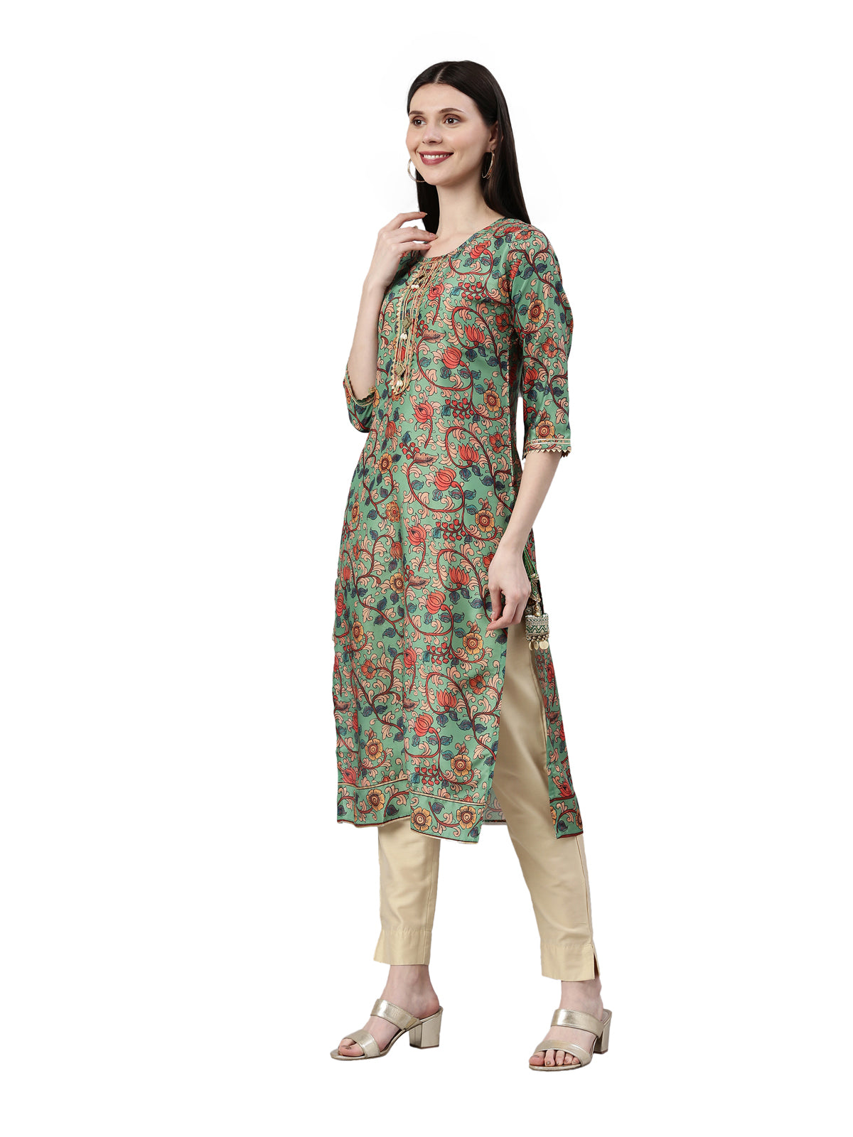 Neerus Women Green & Orange Floral Printed Kurta