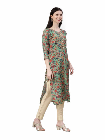 Neerus Women Green & Orange Floral Printed Kurta