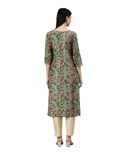 Neerus Women Green & Orange Floral Printed Kurta