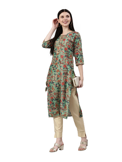 Neerus Women Green & Orange Floral Printed Kurta