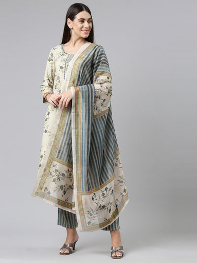 Neerus Women Blue Floral Printed Kurta with Trousers  With Dupatta