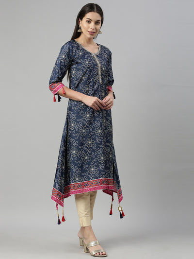 Neerus Women Navy Blue Printed Kurta