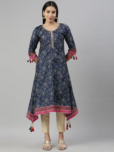 Neerus Women Navy Blue Printed Kurta