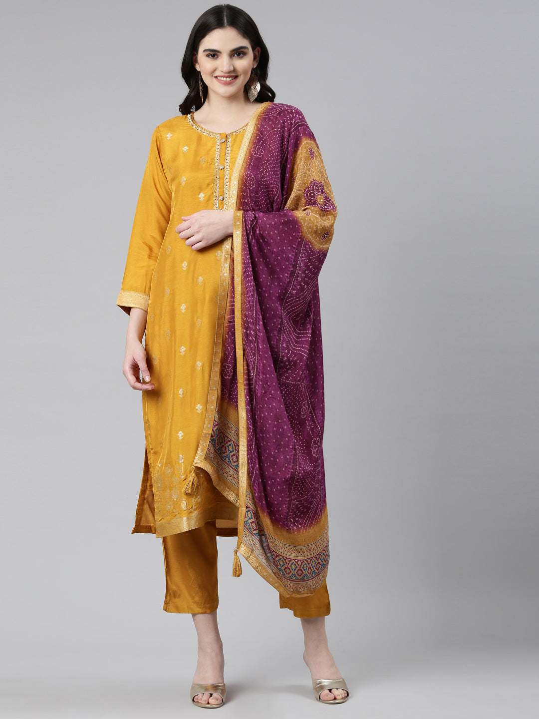 Neeru's Gold Regular Straight Printed Readymade suits