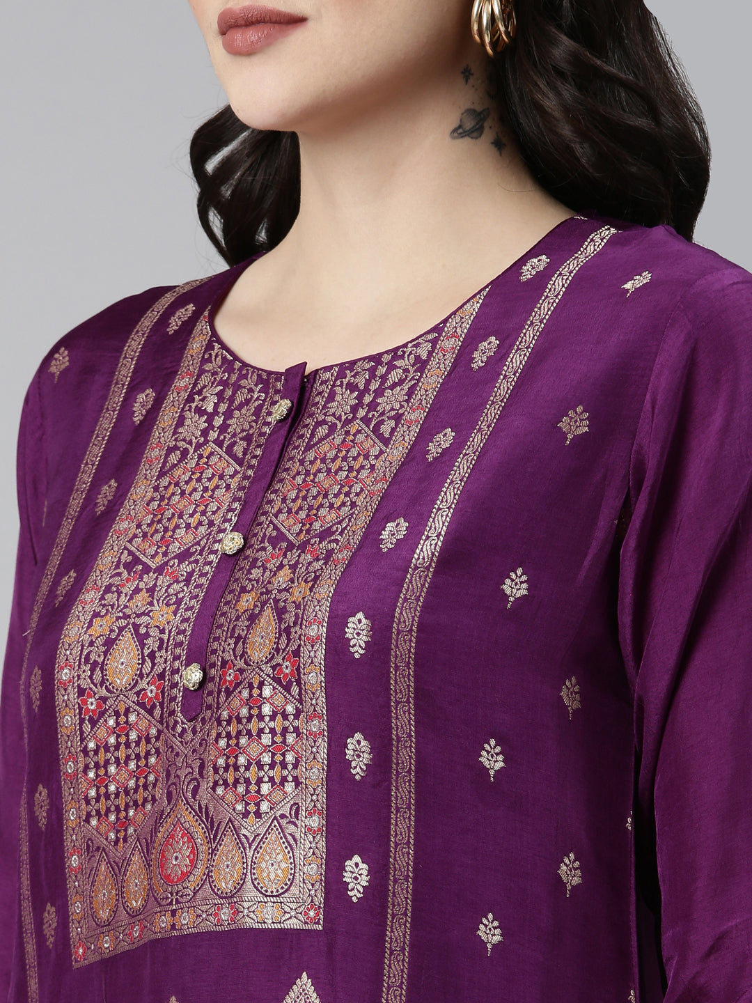 Neeru's Purple Regular Straight Printed Kurta And Trousers With Dupatta