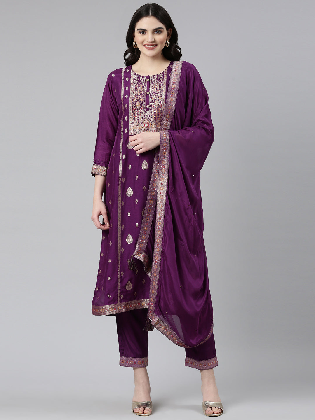 Neeru's Purple Regular Straight Printed Kurta And Trousers With Dupatta