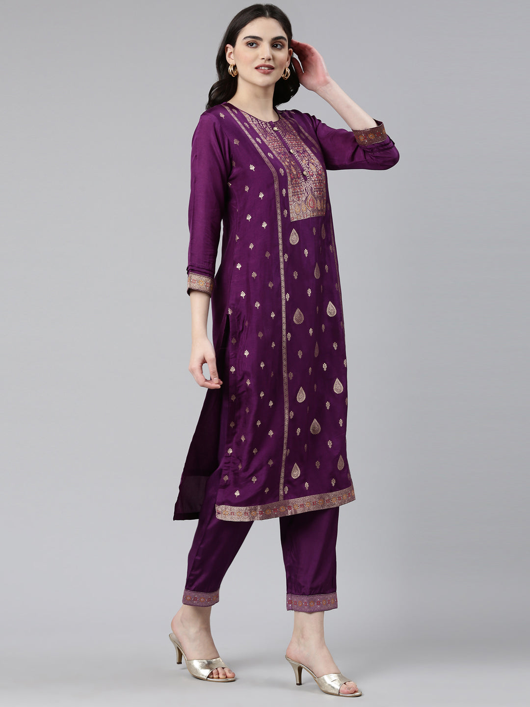 Neeru's Purple Regular Straight Printed Kurta And Trousers With Dupatta