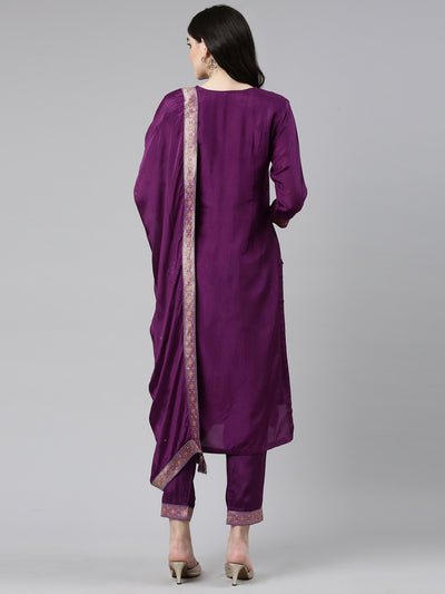 Neeru's Purple Regular Straight Printed Kurta And Trousers With Dupatta