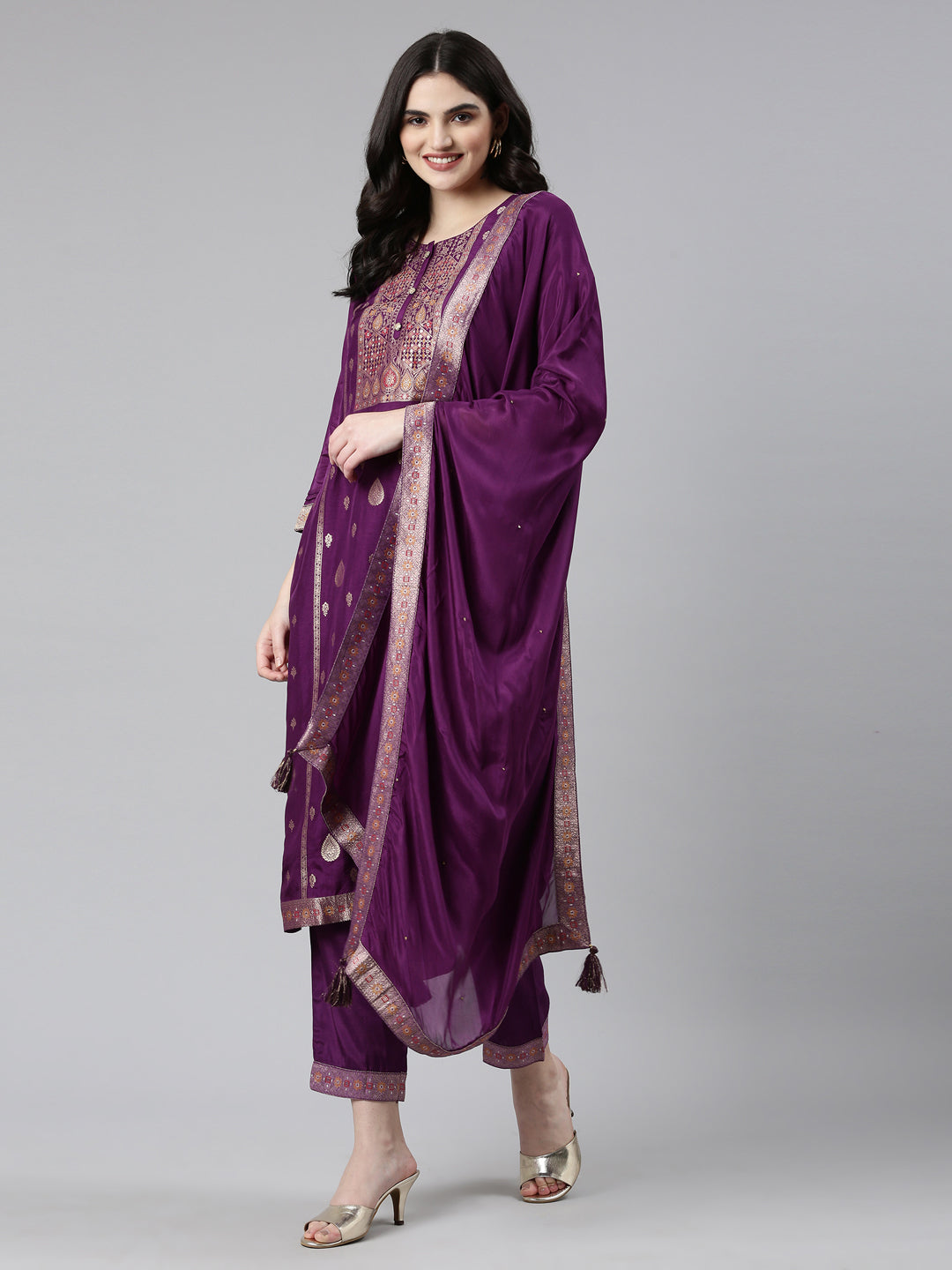 Neeru's Purple Regular Straight Printed Kurta And Trousers With Dupatta