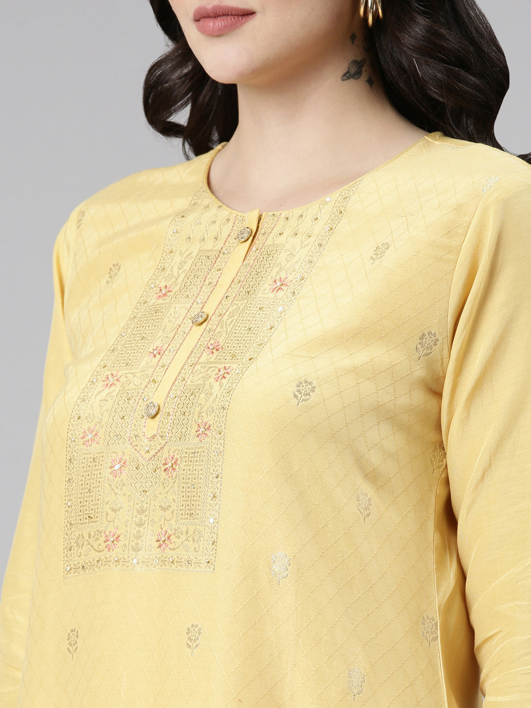 Neeru's Yellow Regular Straight Printed Kurta And Trousers With Dupatta