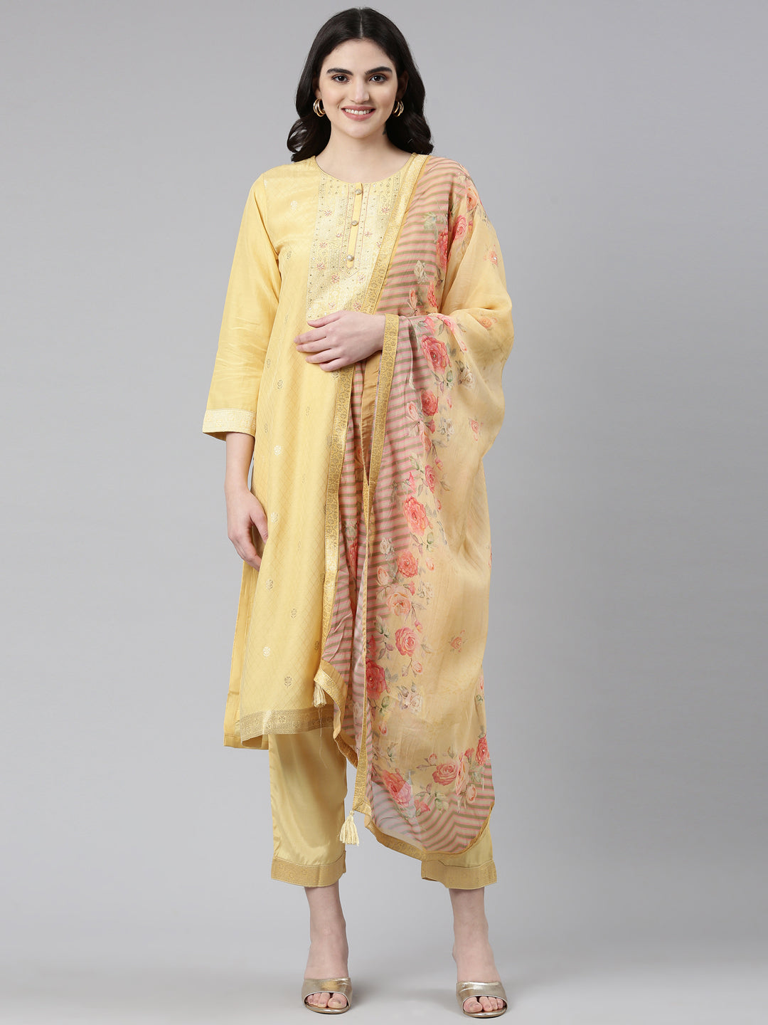 Neeru's Yellow Regular Straight Printed Kurta And Trousers With Dupatta