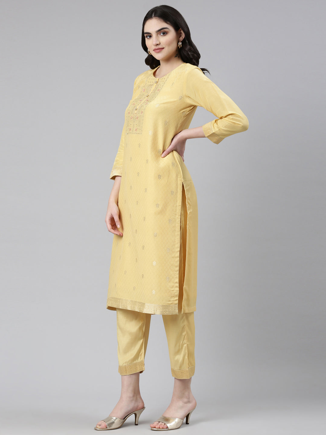 Neeru's Yellow Regular Straight Printed Kurta And Trousers With Dupatta