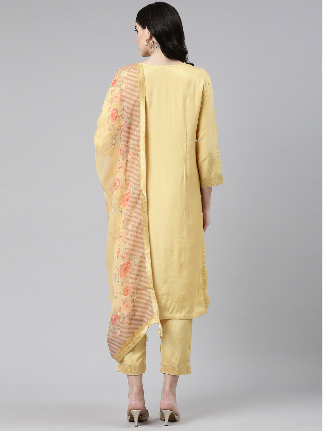 Neeru's Yellow Regular Straight Printed Kurta And Trousers With Dupatta