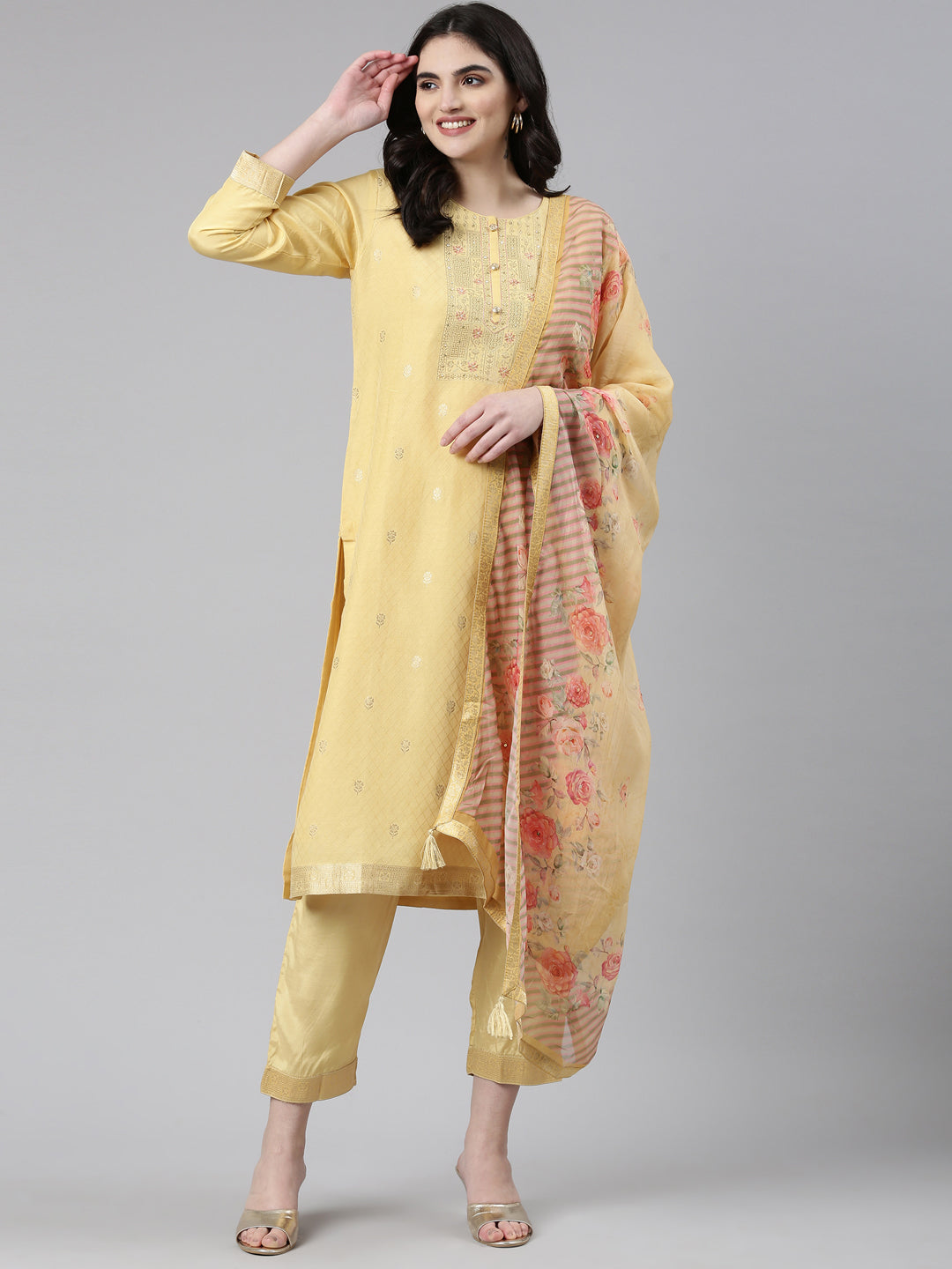 Neeru's Yellow Regular Straight Printed Kurta And Trousers With Dupatta