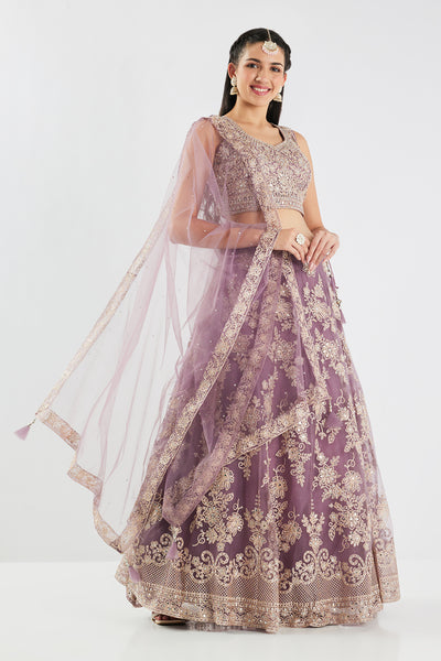 Neerus Lilac Embroidery Work Net Fabric Ghagra Set