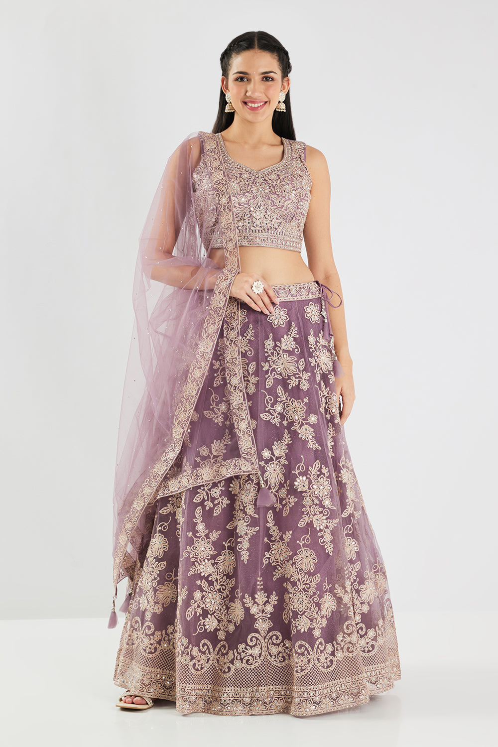 Neerus Lilac Embroidery Work Net Fabric Ghagra Set