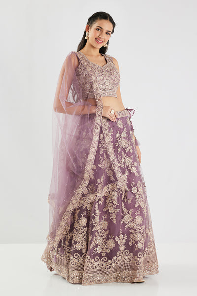 Neerus Lilac Embroidery Work Net Fabric Ghagra Set