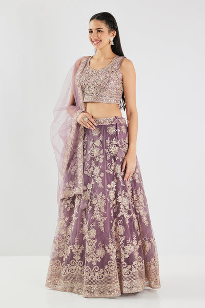 Neerus Lilac Embroidery Work Net Fabric Ghagra Set