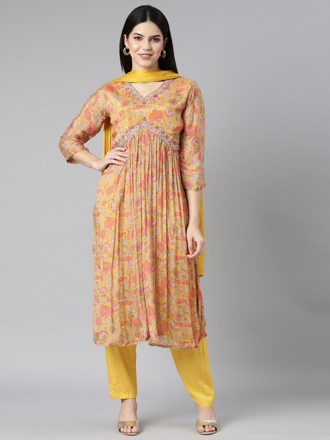 Neerus Mustard Regular Straight Floral Kurta And Trousers With Dupatta