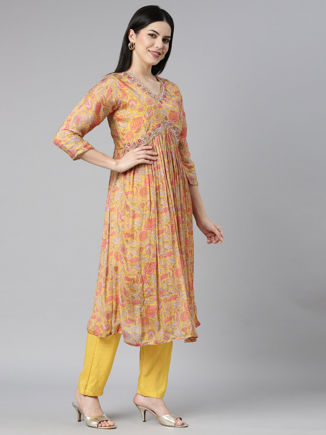 Neerus Mustard Regular Straight Floral Kurta And Trousers With Dupatta