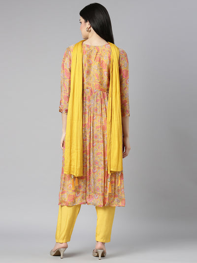 Neerus Mustard Regular Straight Floral Kurta And Trousers With Dupatta