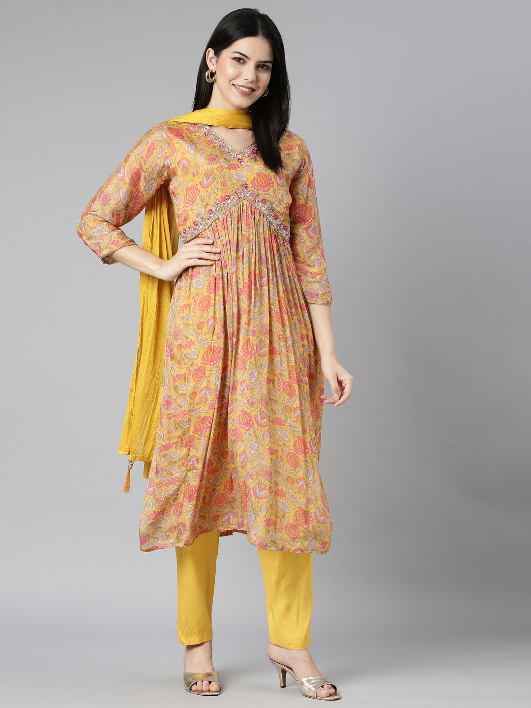 Neerus Mustard Regular Straight Floral Kurta And Trousers With Dupatta