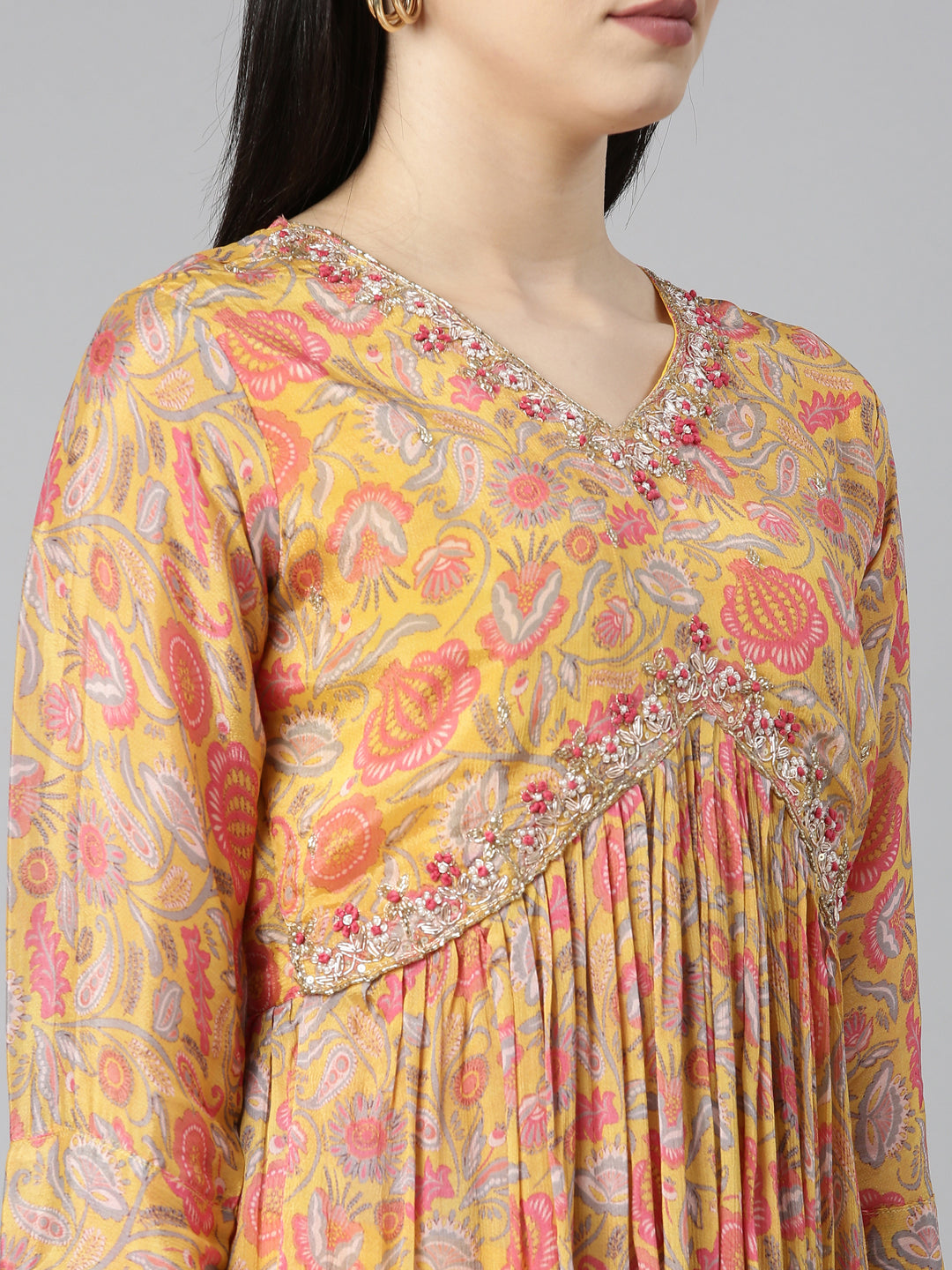 Neerus Mustard Regular Straight Floral Kurta And Trousers With Dupatta