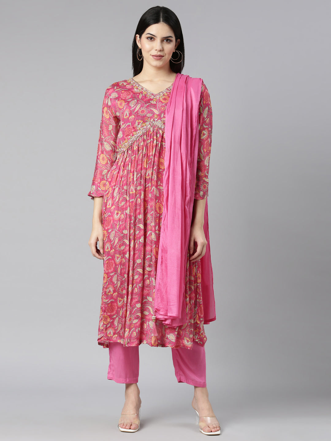 Neerus Pink Regular Straight Floral Kurta And Trousers With Dupatta